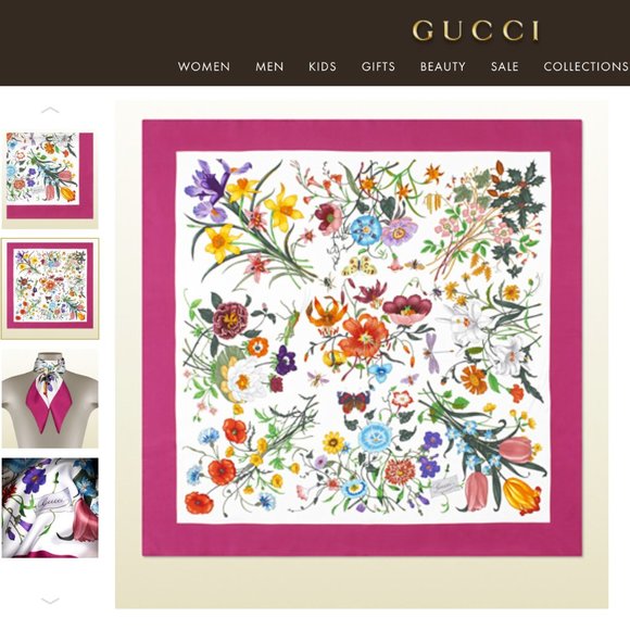 New Gucci Scarf Floral 1 Print Iconic Multicolor Pink Border Silk Wrap - Picture 8 of 15